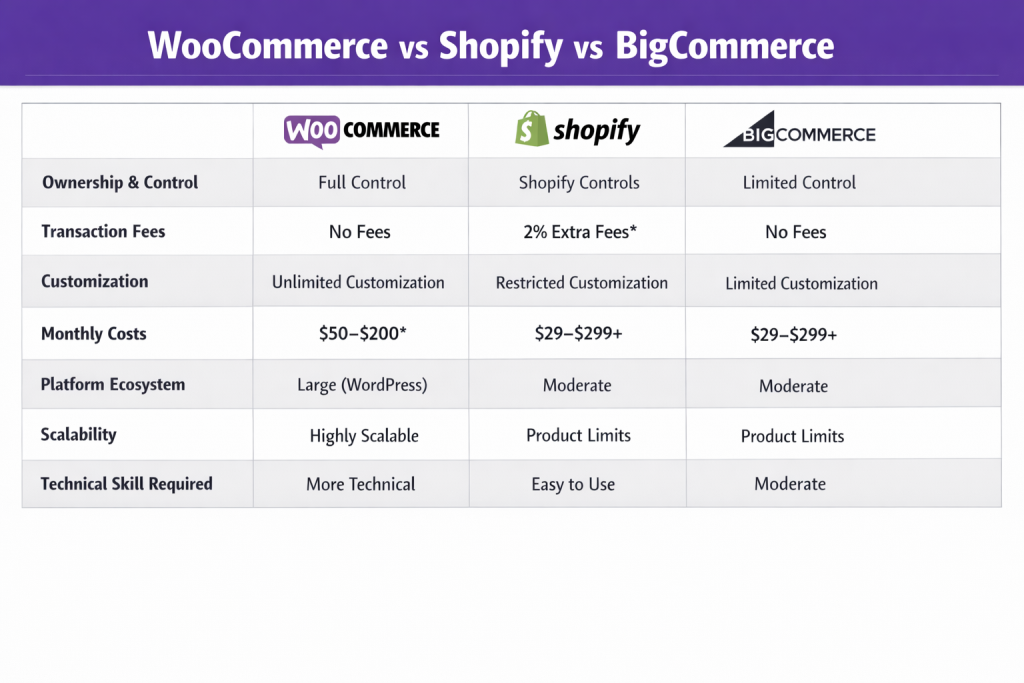Woocommerce vs Shopify vs Bigcommerce comparison